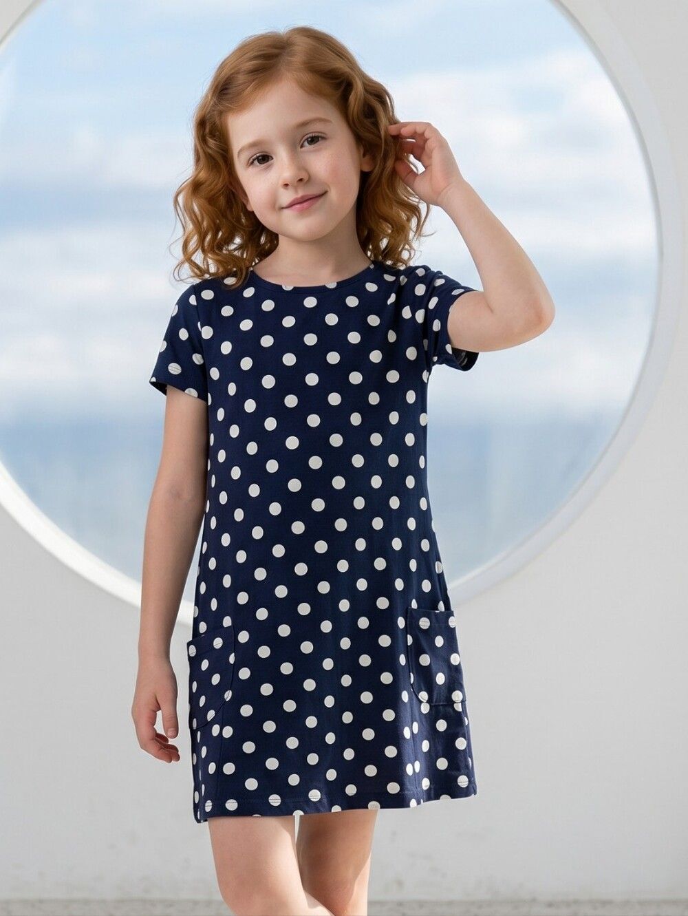 Benetton Girls Polka Dot Dress 8 9 Navy Cotton Shift Dress Pocket Lined Preppy